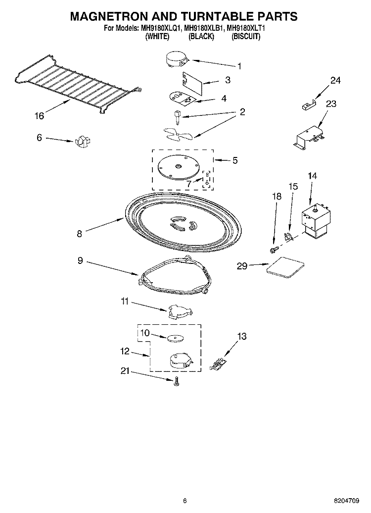 MAGNETRON AND TURNTABLE PARTS Diagram and Parts List for MH9180XLT1  Whirlpool Microwave