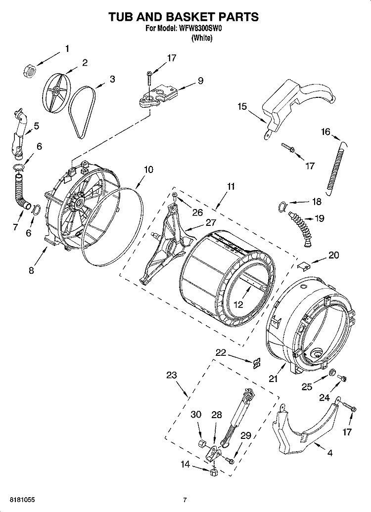 TUB AND BASKET PARTS, OPTIONAL PARTS (NOT INCLUDED) Diagram and Parts List for WFW8300SW0  Whirlpool Washer
