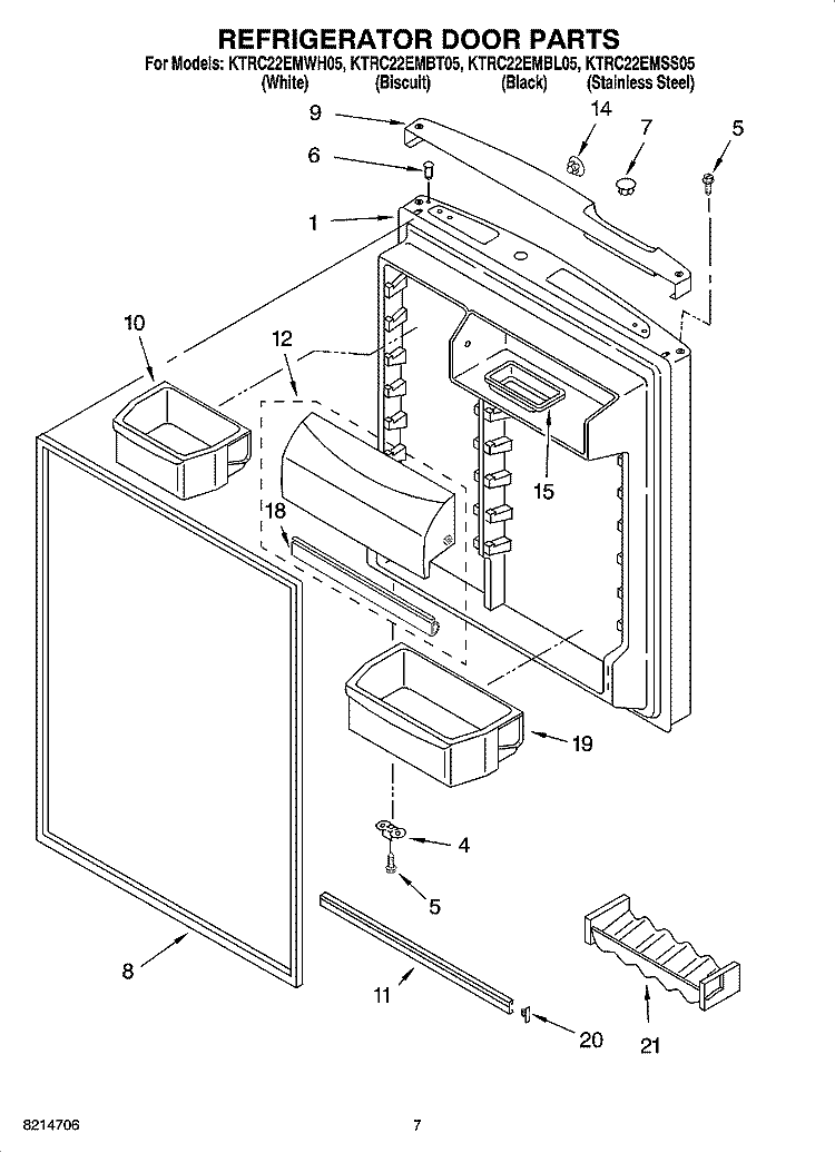 REFRIGERATOR DOOR PARTS Diagram and Parts List for KTRC22EMBT05  KitchenAid Refrigerator