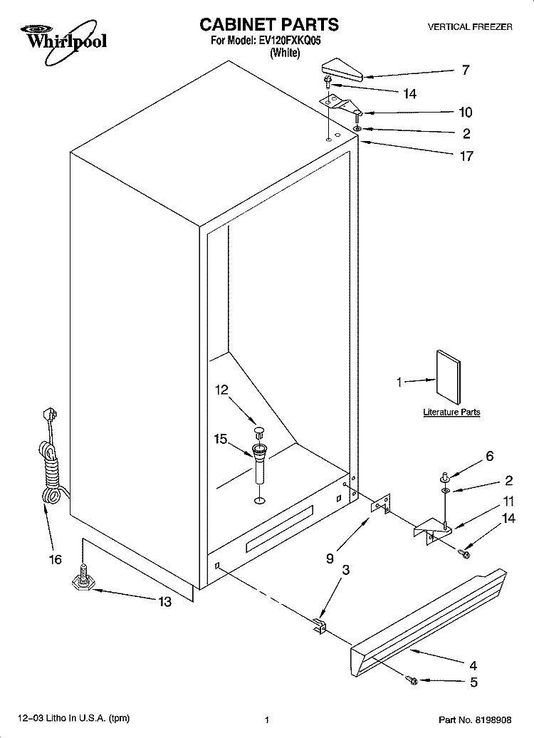 CABINET PARTS Diagram and Parts List for EV120FXKQ05  Whirlpool Freezer