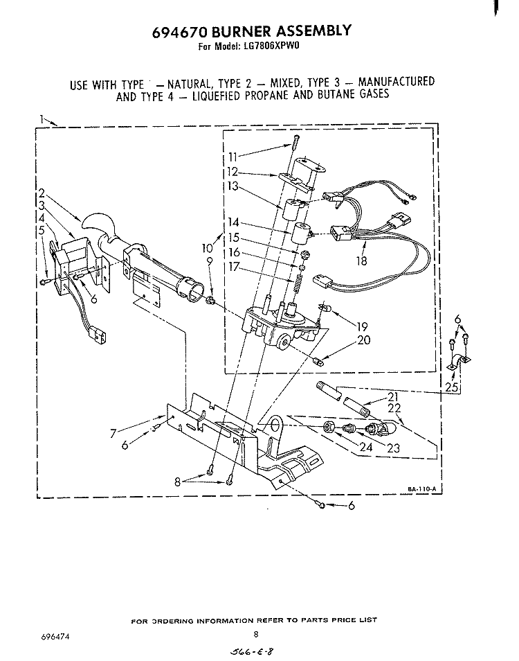 694670 BURNER Diagram and Parts List for LG7806XPW0  Whirlpool Dryer