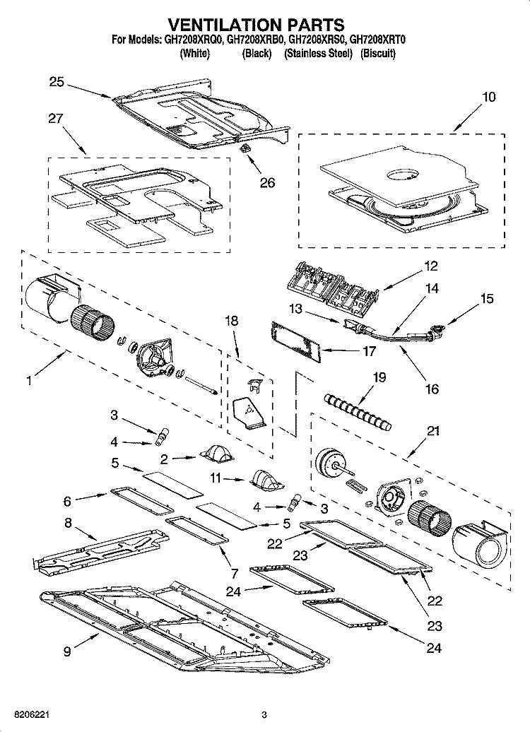 VENTILATION PARTS Diagram and Parts List for GH7208XRS0  Whirlpool Microwave
