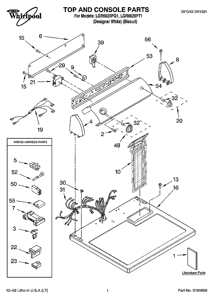TOP AND CONSOLE PARTS Diagram and Parts List for LGR6620PT1  Whirlpool Dryer