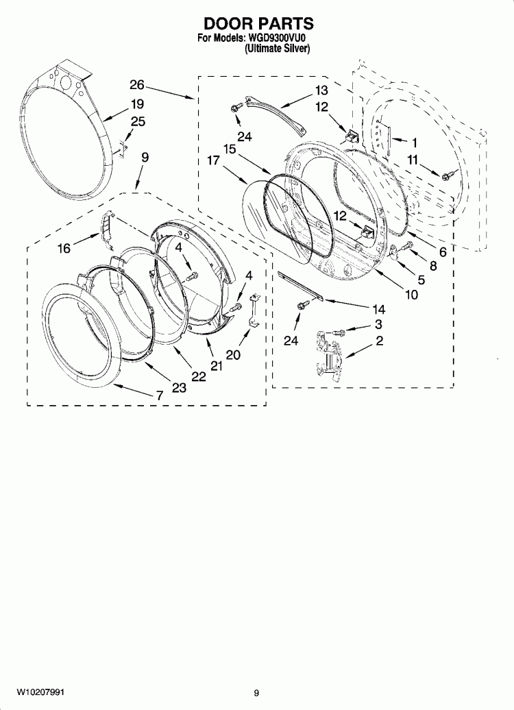 DOOR PARTS, OPTIONAL PARTS (NOT INCLUDED) Diagram and Parts List for WGD9300VU0  Whirlpool Dryer