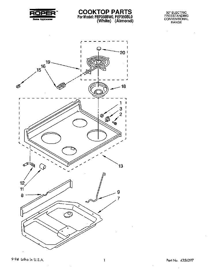 COOKTOP Diagram and Parts List for FEP350BW0  Roper Range