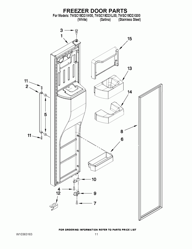 FREEZER DOOR PARTS Diagram and Parts List for 7WSC19D2XS00  Whirlpool Refrigerator