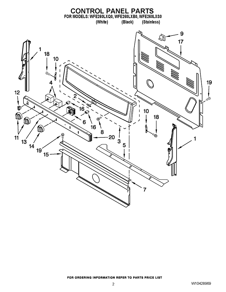 CONTROL PANEL PARTS Diagram and Parts List for WFE260LXB0  Whirlpool Range