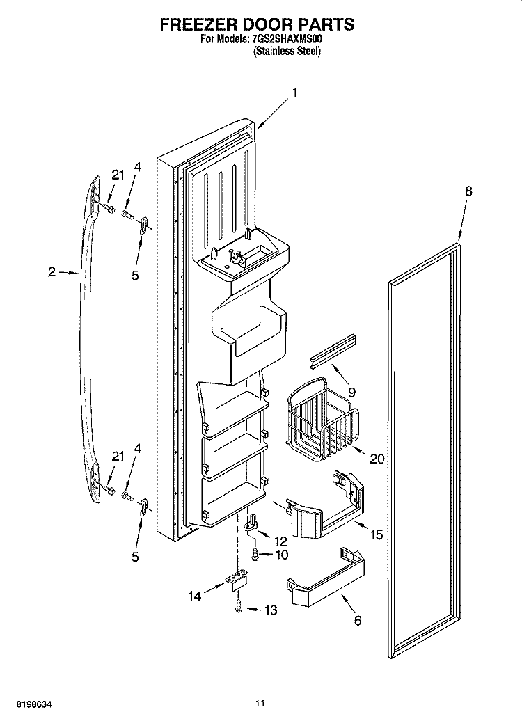 FREEZER DOOR PARTS Diagram and Parts List for 7GS2SHAXMS00  Whirlpool Refrigerator