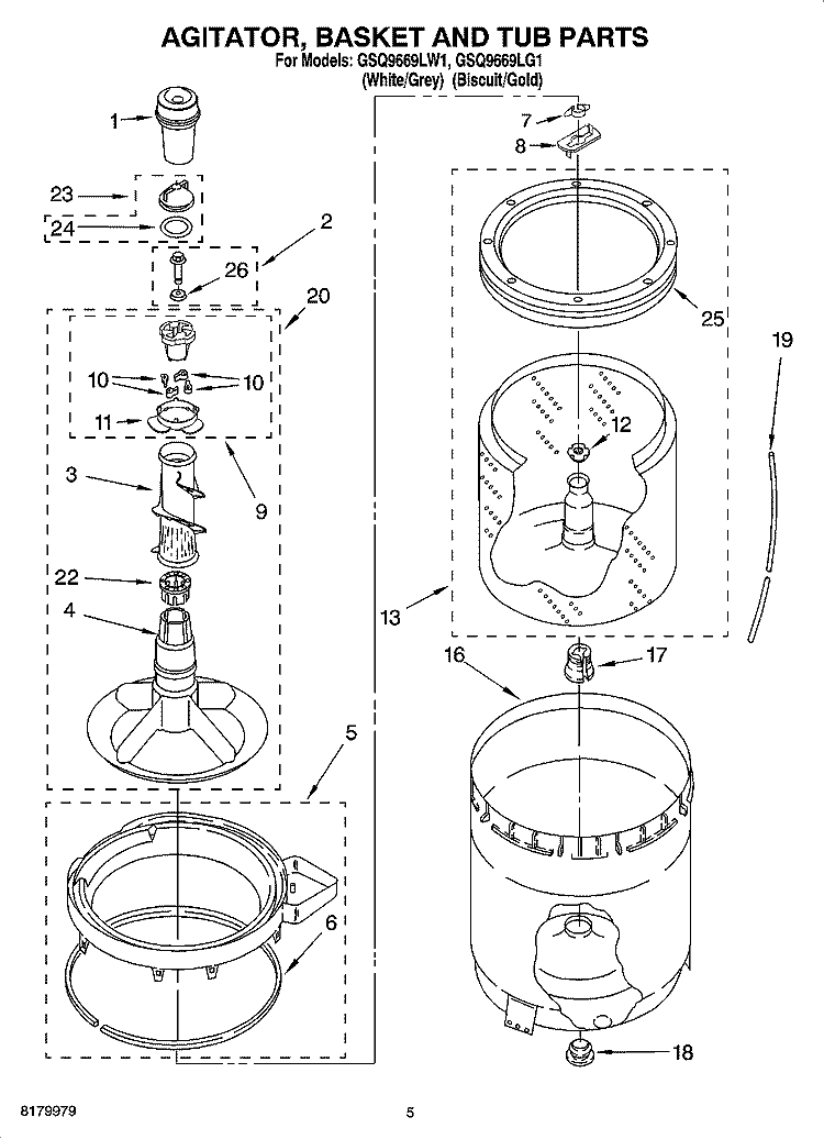 AGITATOR, BASKET AND TUB PARTS Diagram and Parts List for GSQ9669LW1  Whirlpool Washer