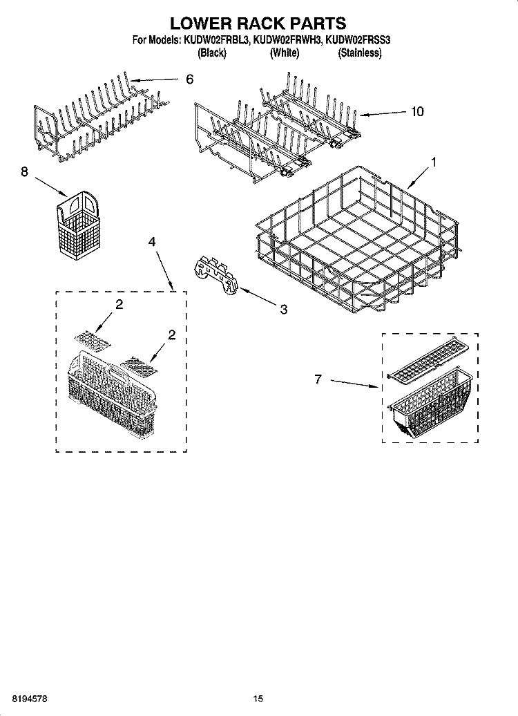 LOWER RACK PARTS, OPTIONAL PARTS (NOT INCLUDED) Diagram and Parts List for KUDW02FRSS3  KitchenAid Dishwasher
