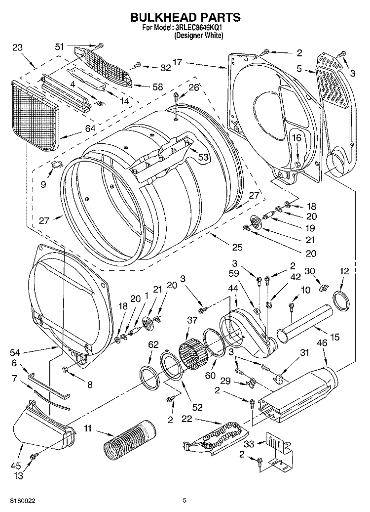 BULKHEAD PARTS Diagram and Parts List for 3RLEC8646KQ1  Whirlpool Dryer
