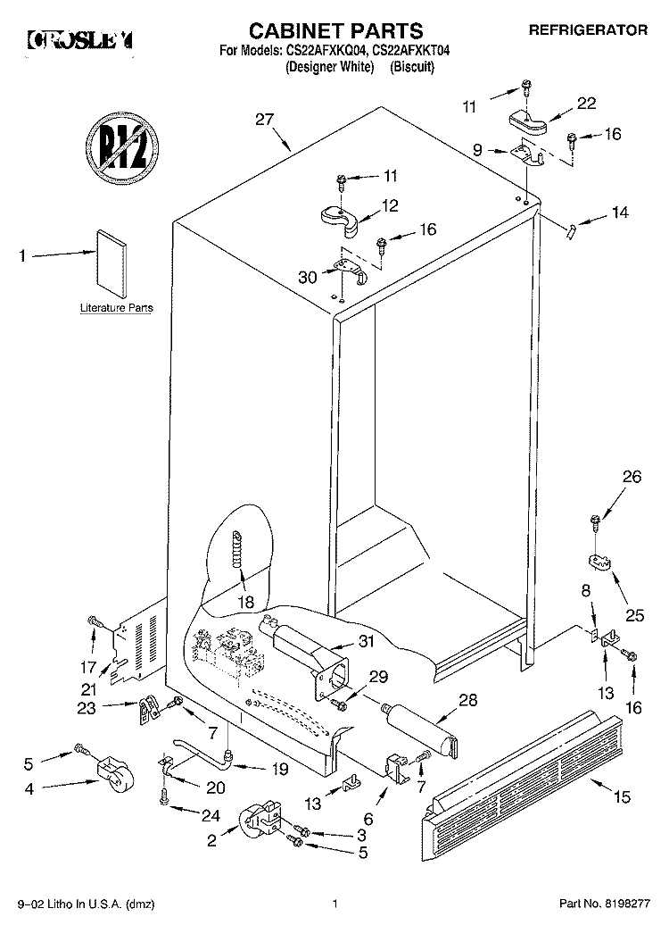 CABINET, LITERATURE Diagram and Parts List for CS22AFXKT04  Crosley Refrigerator