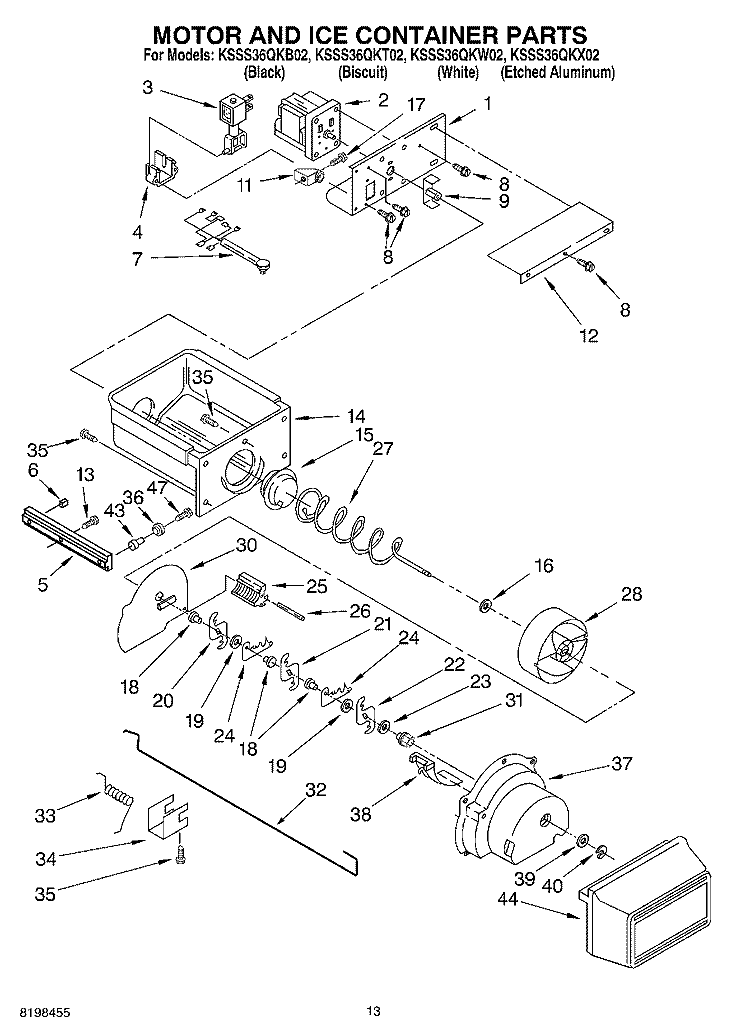MOTOR AND ICE CONTAINER PARTS Diagram and Parts List for KSSS36QKB02  KitchenAid Refrigerator