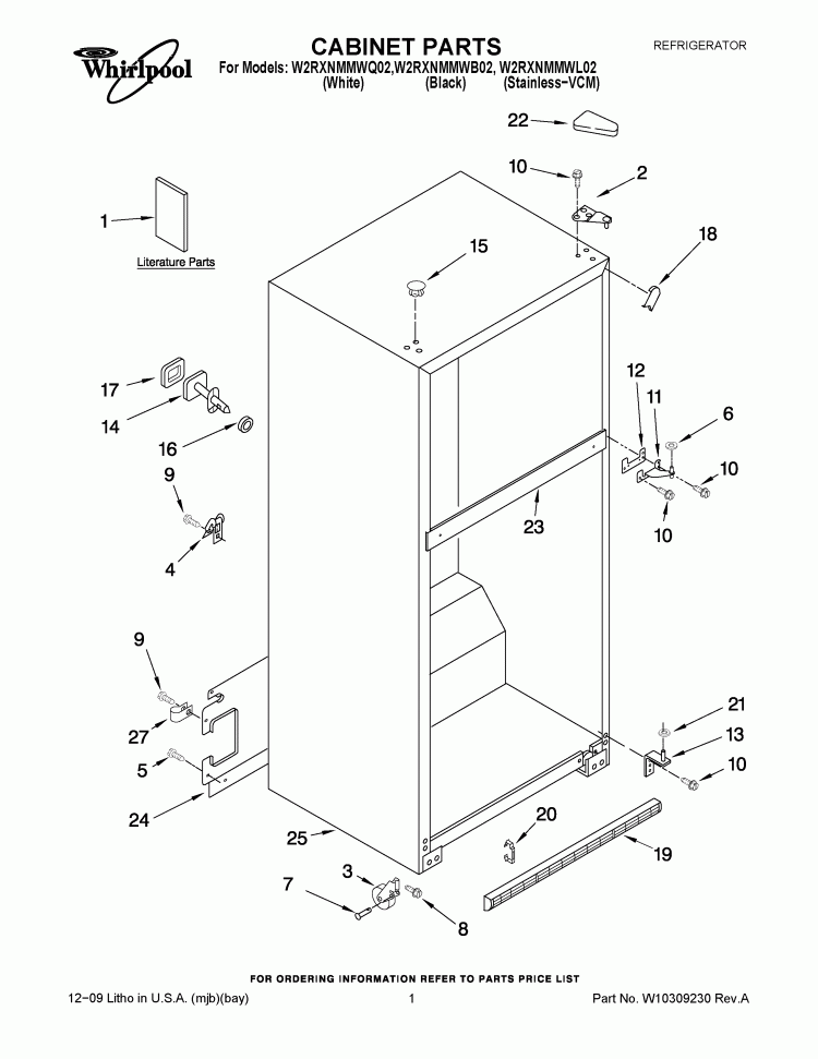 CABINET PARTS Diagram and Parts List for W2RXNMMWL02  Whirlpool Refrigerator