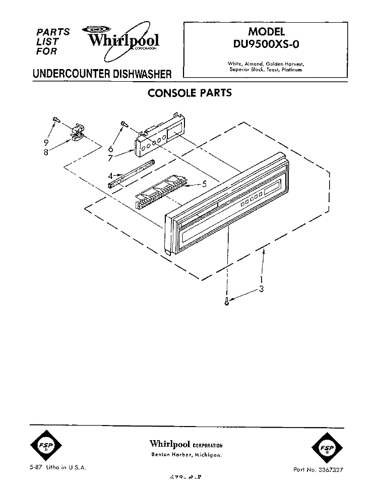 CONSOLE Diagram and Parts List for DU9500XS0  Whirlpool Dishwasher