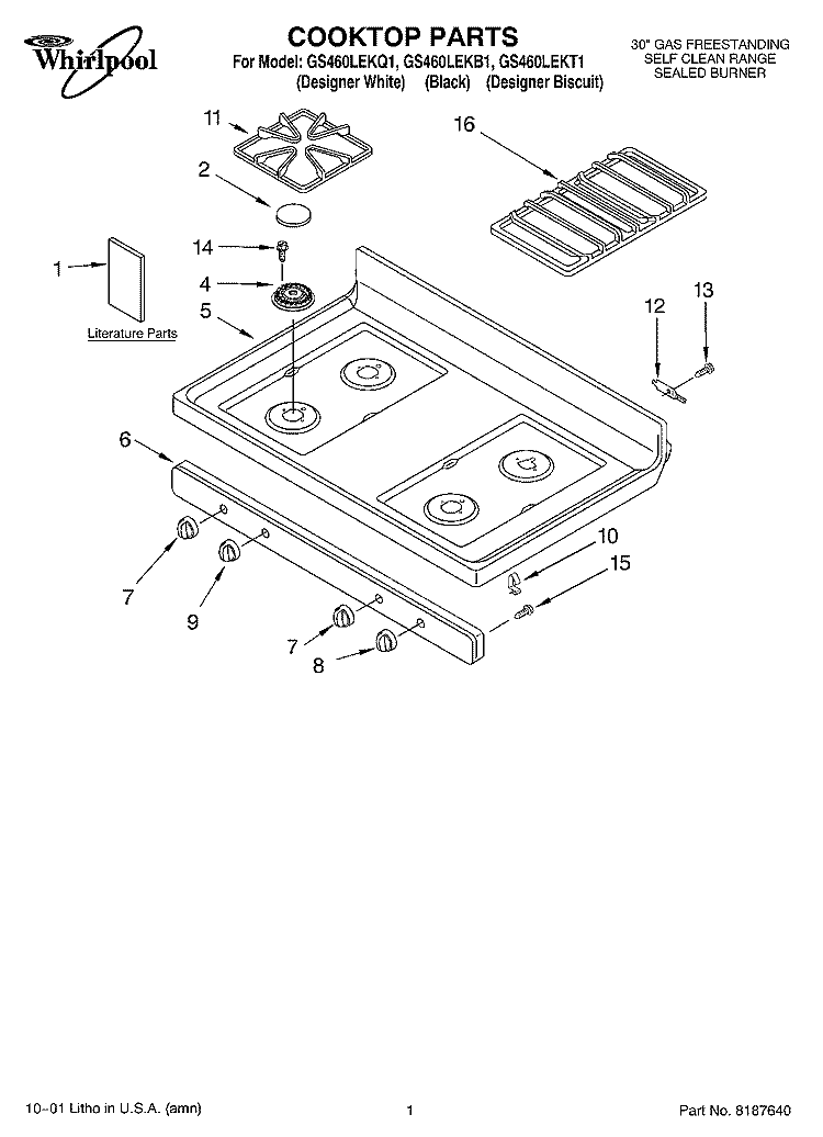 COOKTOP, LITERATURE Diagram and Parts List for GS460LEKB1  Whirlpool Range