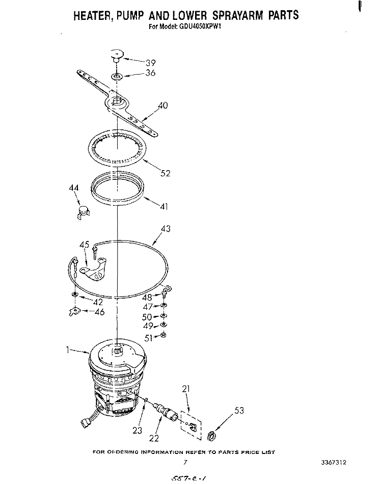 HEATER, PUMP AND LOWER SPRAYARM Diagram and Parts List for GDU4050XPW1  Whirlpool Dishwasher