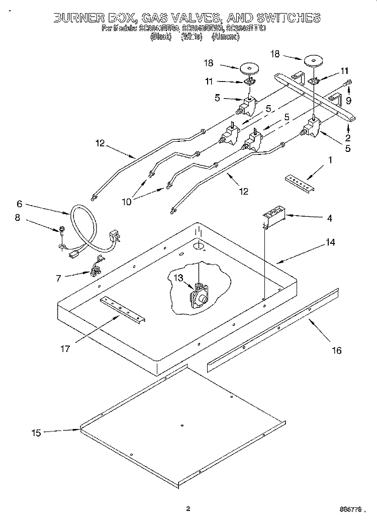 BURNER BOX, GAS VALVES, AND SWITCHES Diagram and Parts List for SC8640EEB0  Whirlpool Cooktop