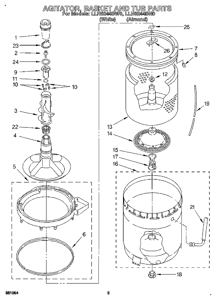 AGITATOR, BASKET AND TUB Diagram and Parts List for LLN8244BN0  Whirlpool Washer