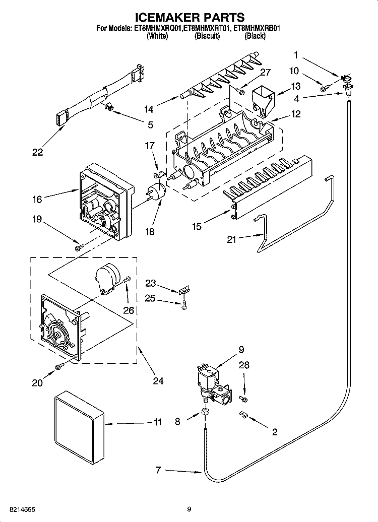 ICEMAKER PARTS Diagram and Parts List for ET8MHMXRB01  Whirlpool Refrigerator