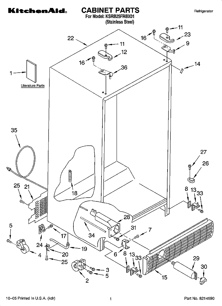 CABINET PARTS Diagram and Parts List for KSRB25FRBX01  KitchenAid Refrigerator