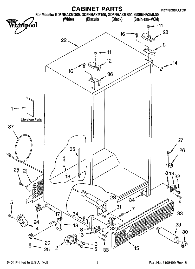 CABINET PARTS Diagram and Parts List for GD5NHAXMQ00  Whirlpool Refrigerator