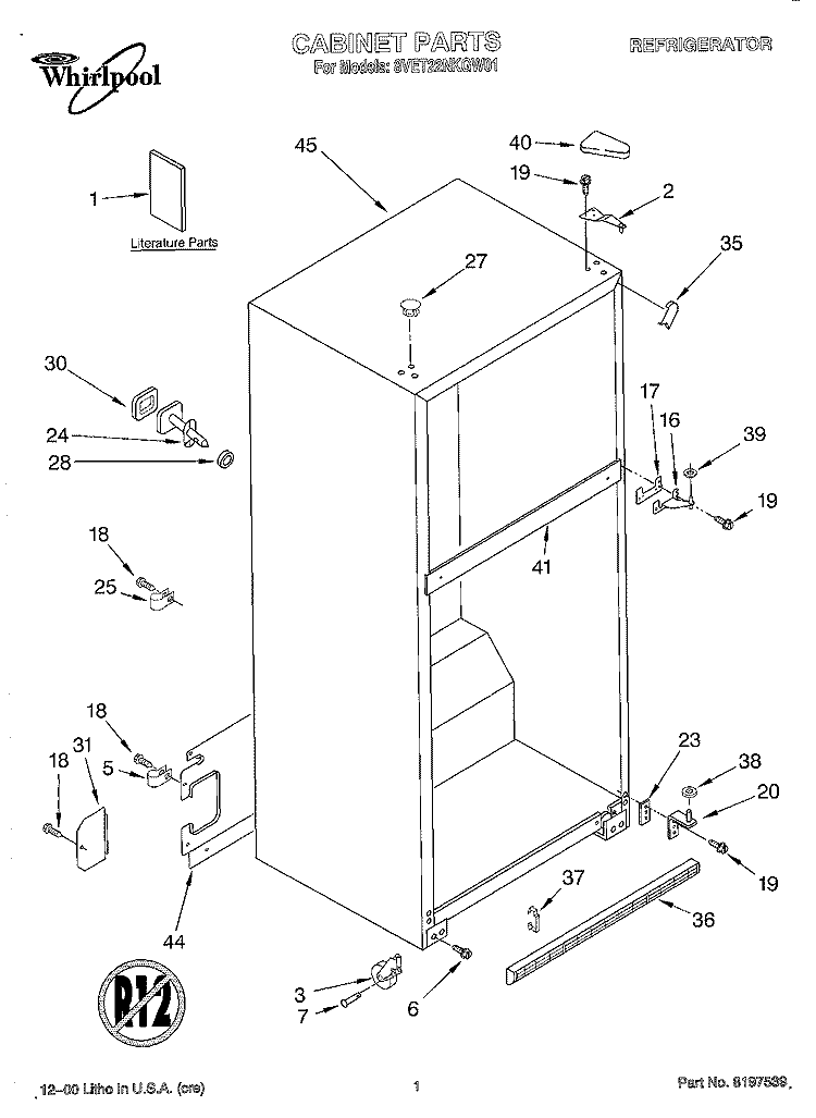 CABINET, LITERATURE Diagram and Parts List for 8VET22NKGW01  Whirlpool Refrigerator