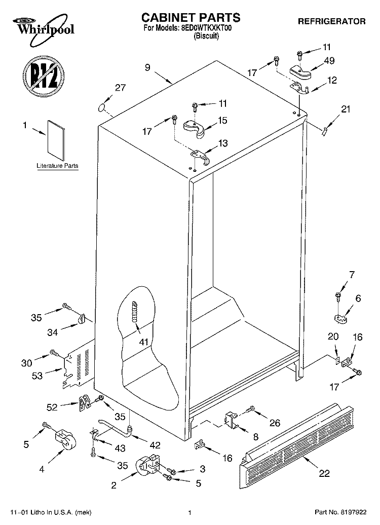 CABINET, LITERATURE Diagram and Parts List for 8ED0WTKXKT00  Whirlpool Refrigerator