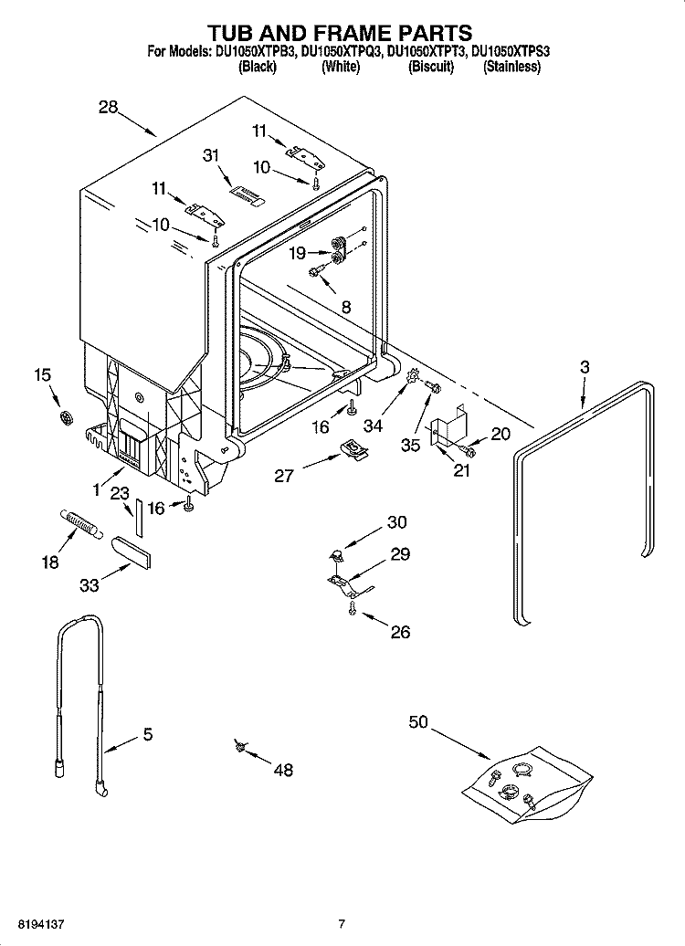 TUB AND FRAME PARTS Diagram and Parts List for DU1050XTPB3  Whirlpool Dishwasher