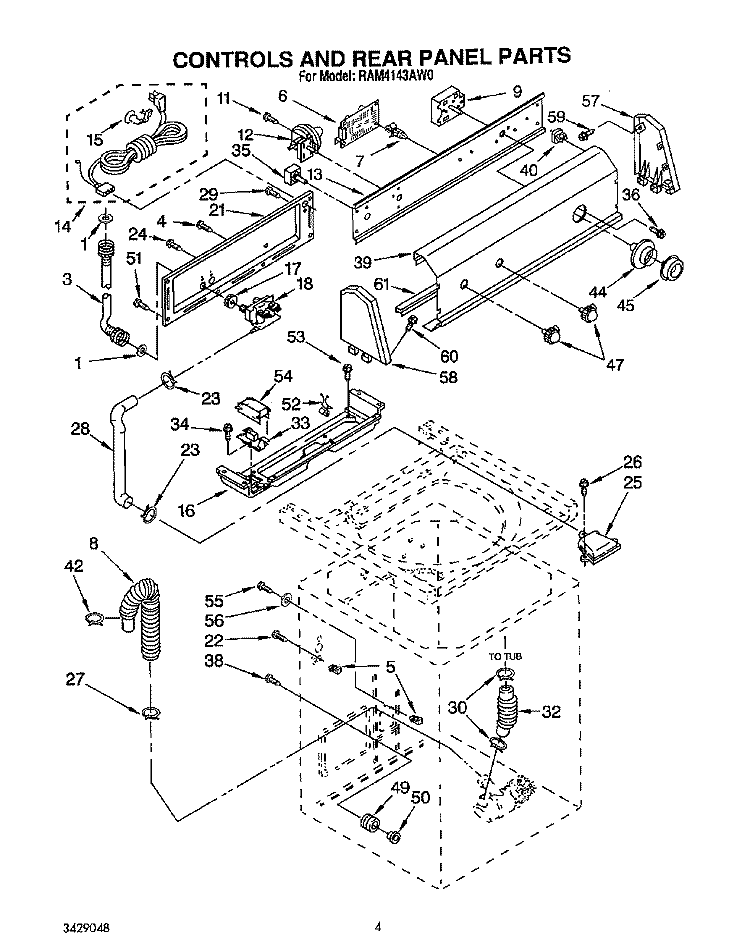 CONTROLS AND REAR PANEL Diagram and Parts List for RAM4143AL0  Whirlpool Washer