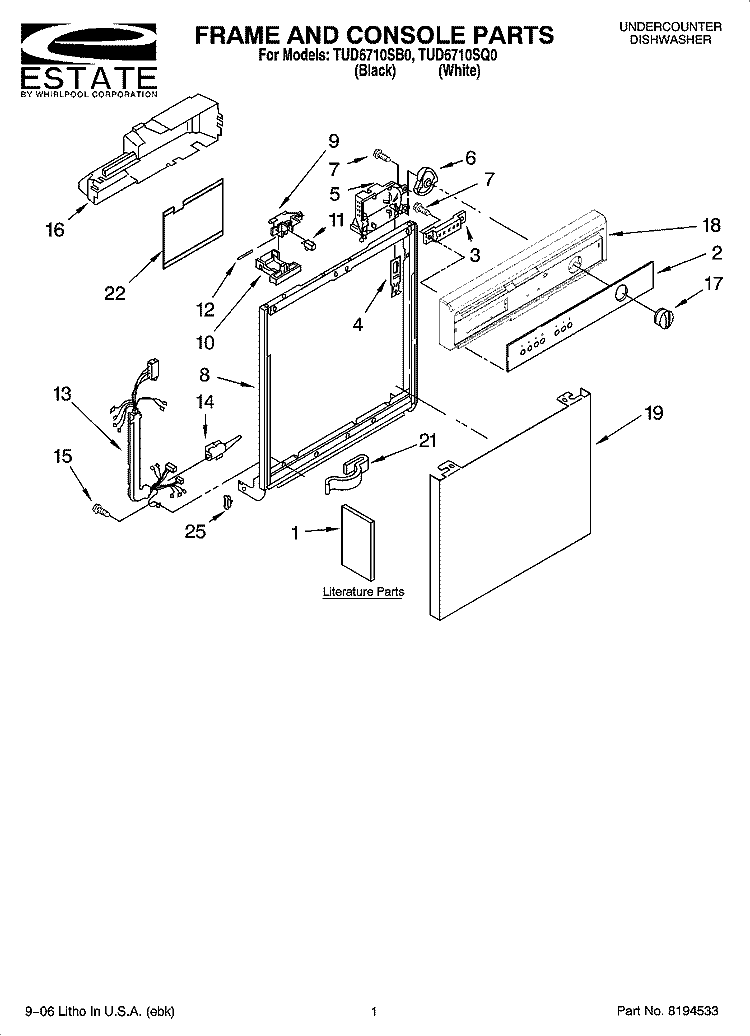 FRAME AND CONSOLE PARTS Diagram and Parts List for TUD6710SQ0  Estate Dishwasher