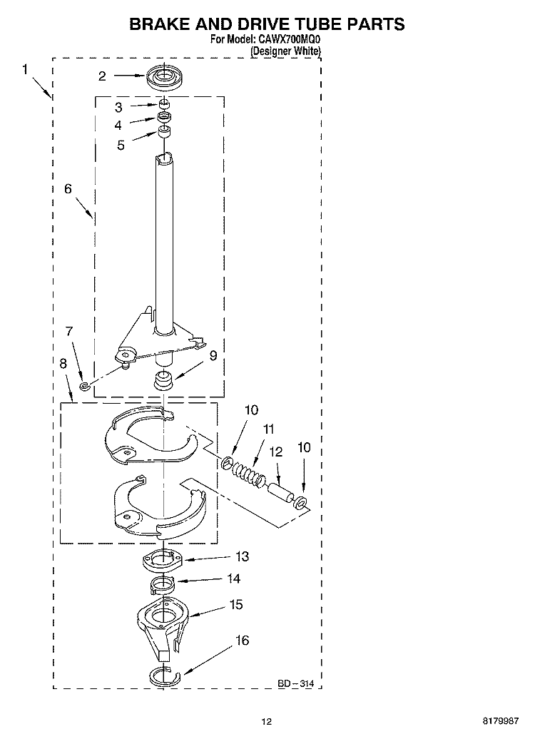 BRAKE AND DRIVE TUBE PARTS Diagram and Parts List for CAWX700MQ0  Crosley Washer