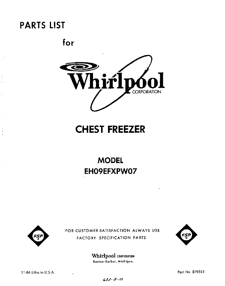 SECTION Diagram and Parts List for EH09EFXPW07  Whirlpool Freezer