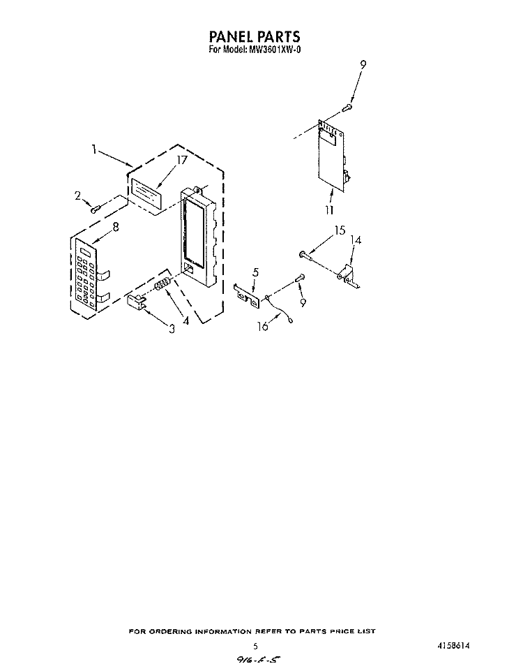PANEL Diagram and Parts List for MW3601XW0  Whirlpool Microwave