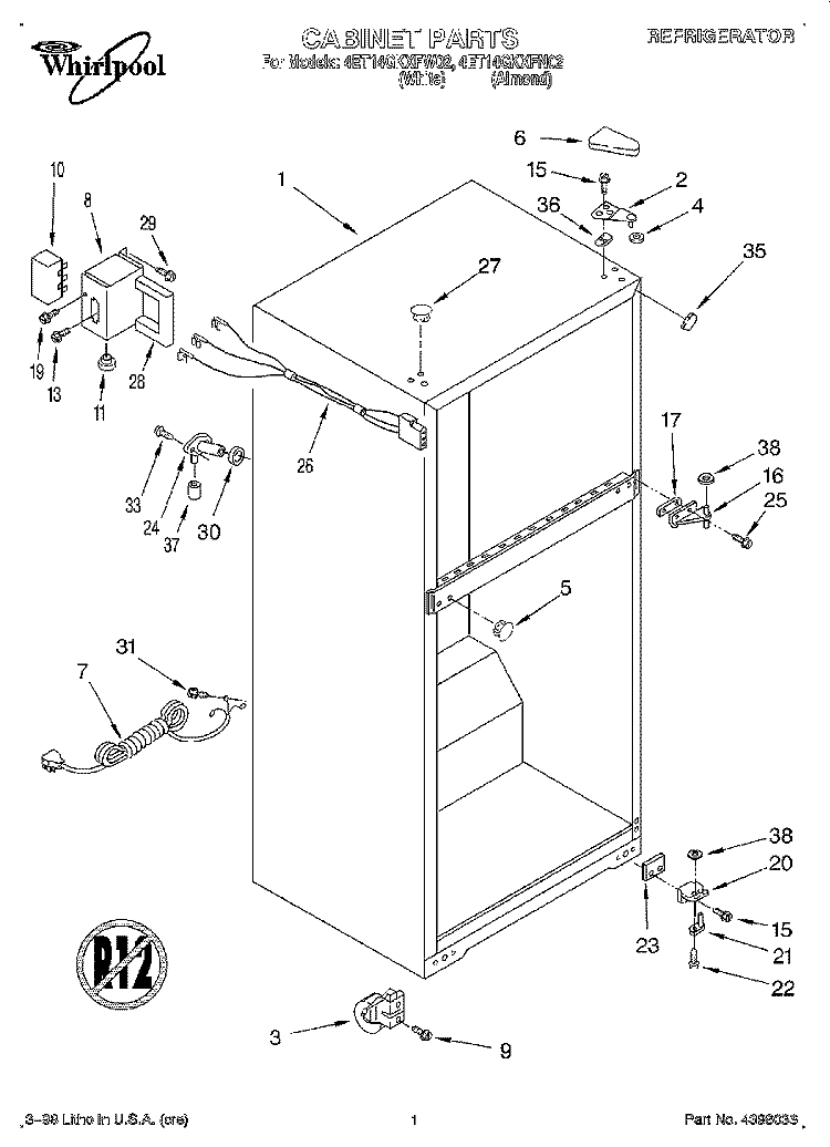 CABINET Diagram and Parts List for 4ET14GKXFN02  Whirlpool Refrigerator