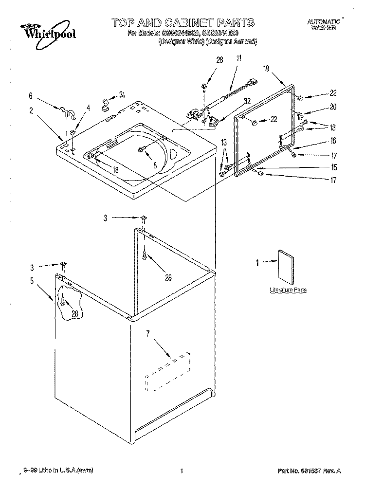 TOP AND CABINET, LITERATURE Diagram and Parts List for GSQ9344EQ0  Whirlpool Washer