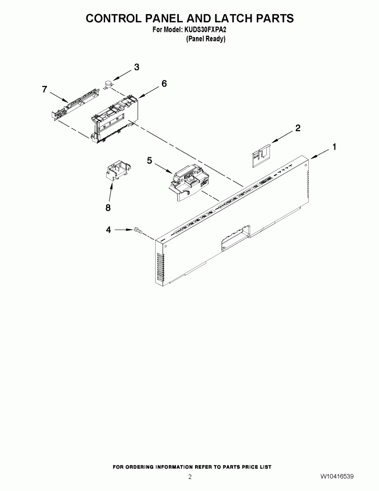 CONTROL PANEL AND LATCH PARTS Diagram and Parts List for KUDS30FXPA2  KitchenAid Dishwasher