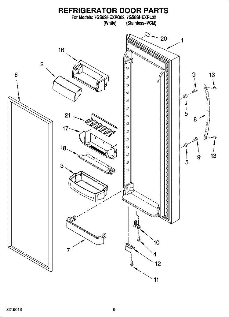 REFRIGERATOR DOOR PARTS Diagram and Parts List for 7GS6SHEXPQ02  Whirlpool Refrigerator