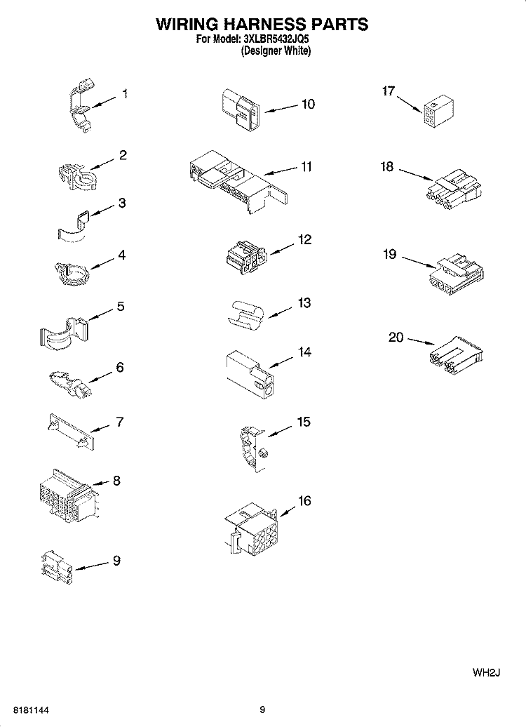 WIRING HARNESS PARTS Diagram and Parts List for 3XLBR5432JQ5  Whirlpool Washer
