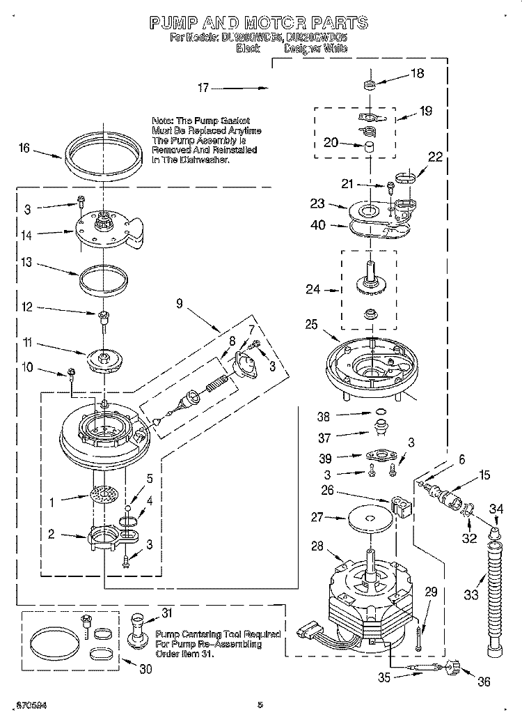 PUMP AND MOTOR Diagram and Parts List for DU920QWDQ5  Whirlpool Dishwasher
