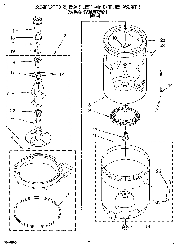 AGITATOR, BASKET AND TUB Diagram and Parts List for KAWL517BWH1  KitchenAid Washer