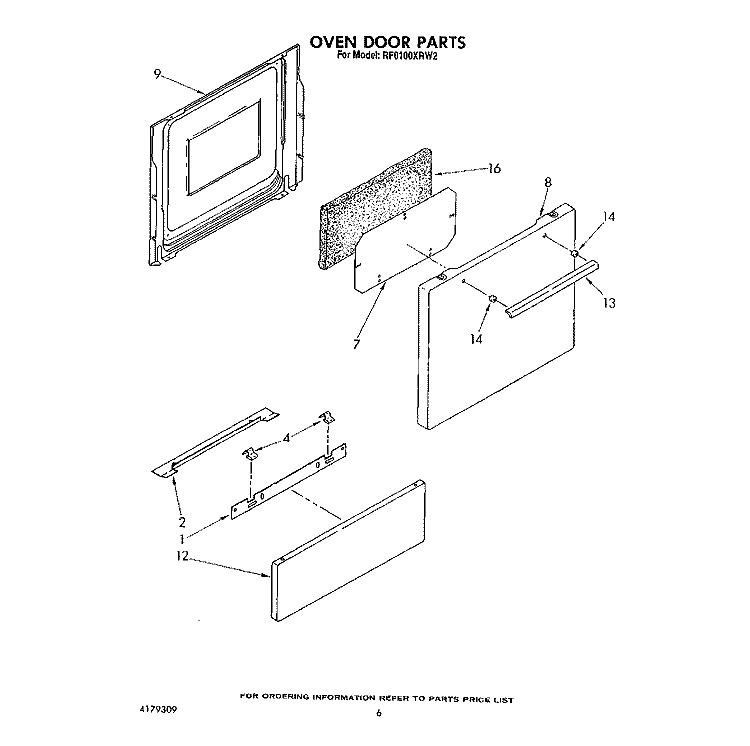 OVEN DOOR Diagram and Parts List for RF0100XRW2  Whirlpool Range