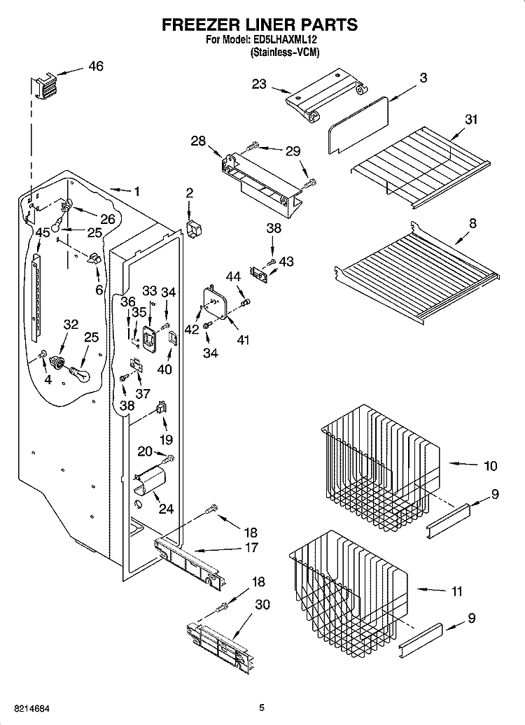 FREEZER LINER PARTS Diagram and Parts List for ED5LHAXML12  Whirlpool Refrigerator