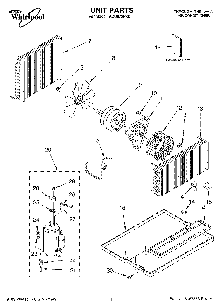 UNIT PARTS Diagram and Parts List for ACU072PK0  Whirlpool Air Conditioner
