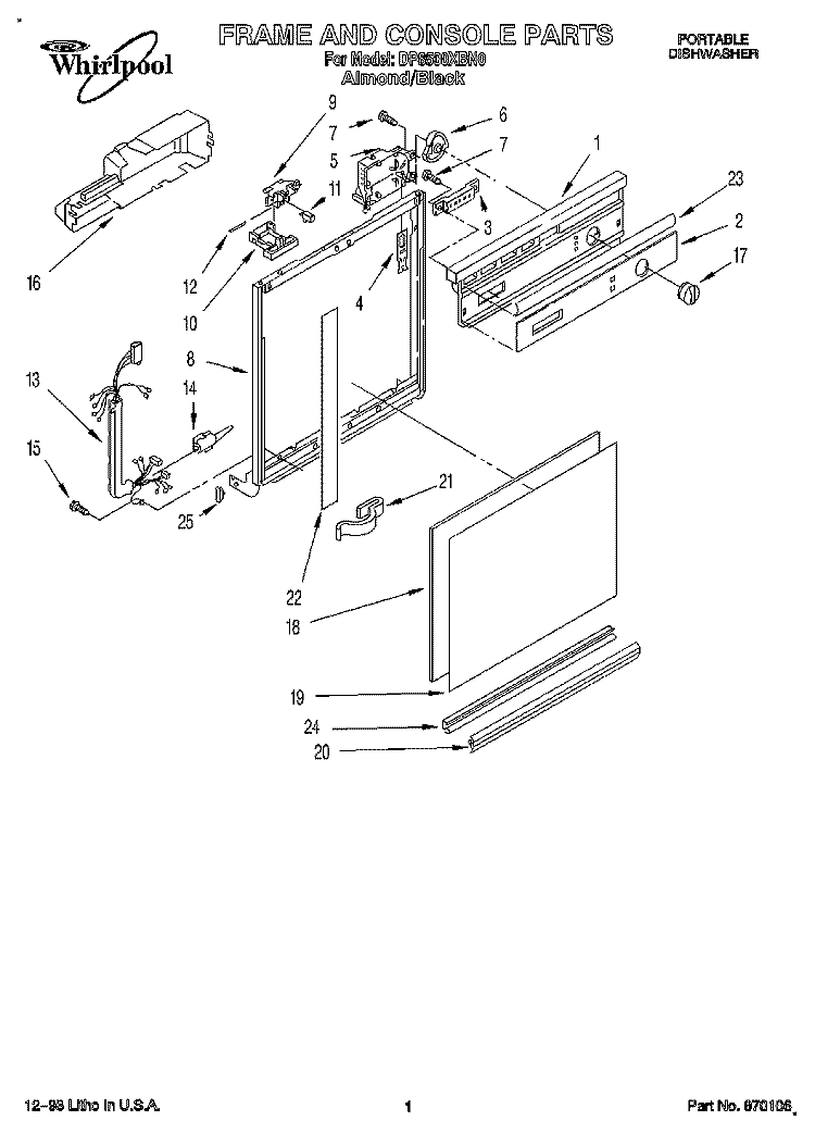 FRAME AND CONSOLE Diagram and Parts List for DP8500XBN0  Whirlpool Dishwasher