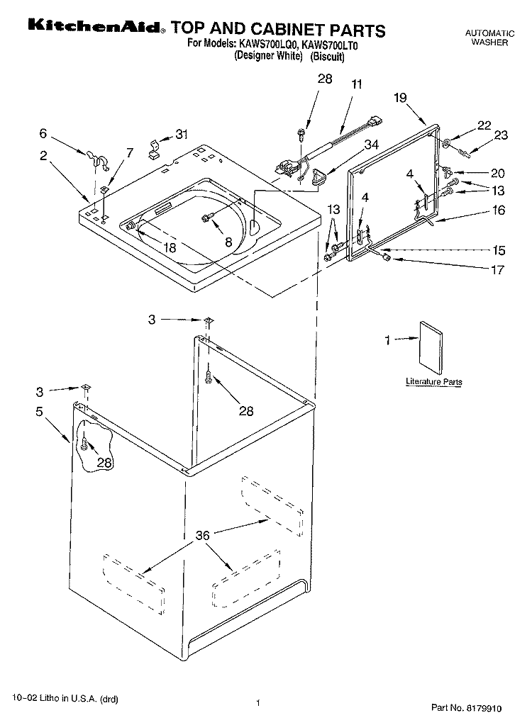 TOP AND CABINET, LITERATURE Diagram and Parts List for KAWS700LQ0  KitchenAid Washer