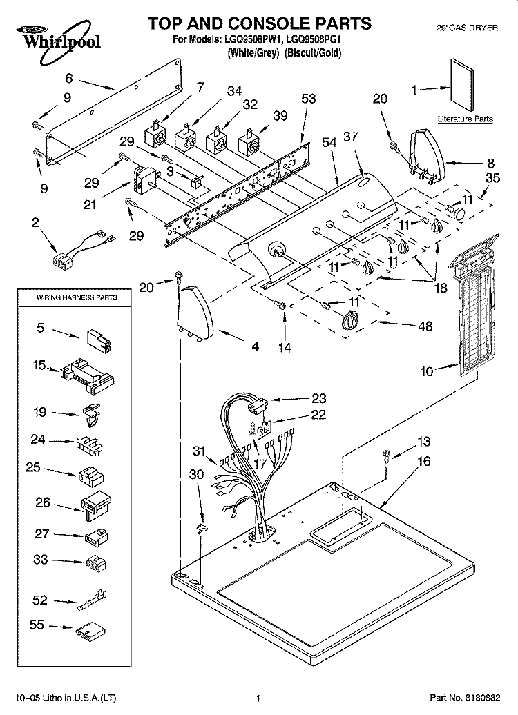 TOP AND CONSOLE PARTS Diagram and Parts List for LGQ9508PG1  Whirlpool Dryer