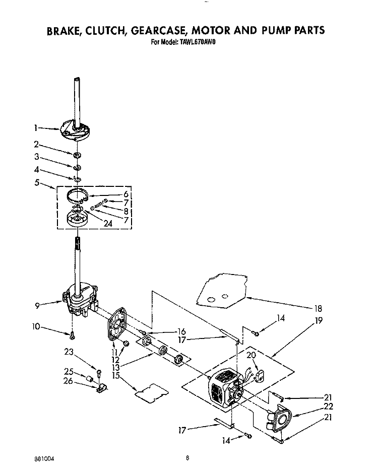 BRAKE, CLUTCH, GEARCASE, MOTOR AND PUMP Diagram and Parts List for TAWL670AN0  Whirlpool Washer