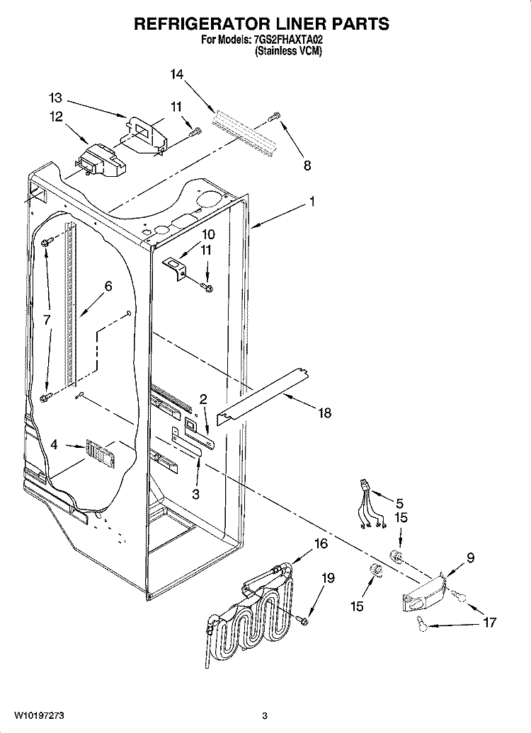 REFRIGERATOR LINER PARTS Diagram and Parts List for 7GS2FHAXTA02  Whirlpool Refrigerator
