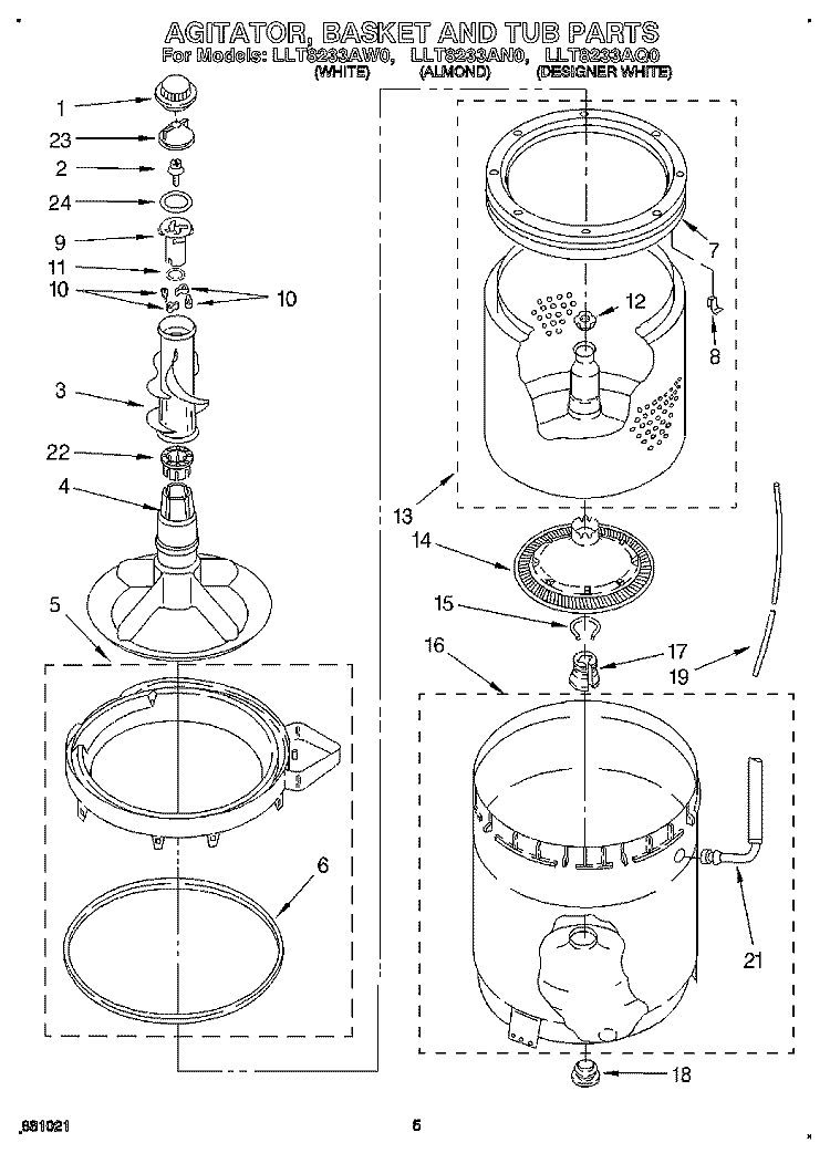AGITATOR, BASKET AND TUB Diagram and Parts List for LLT8233AN0  Whirlpool Washer